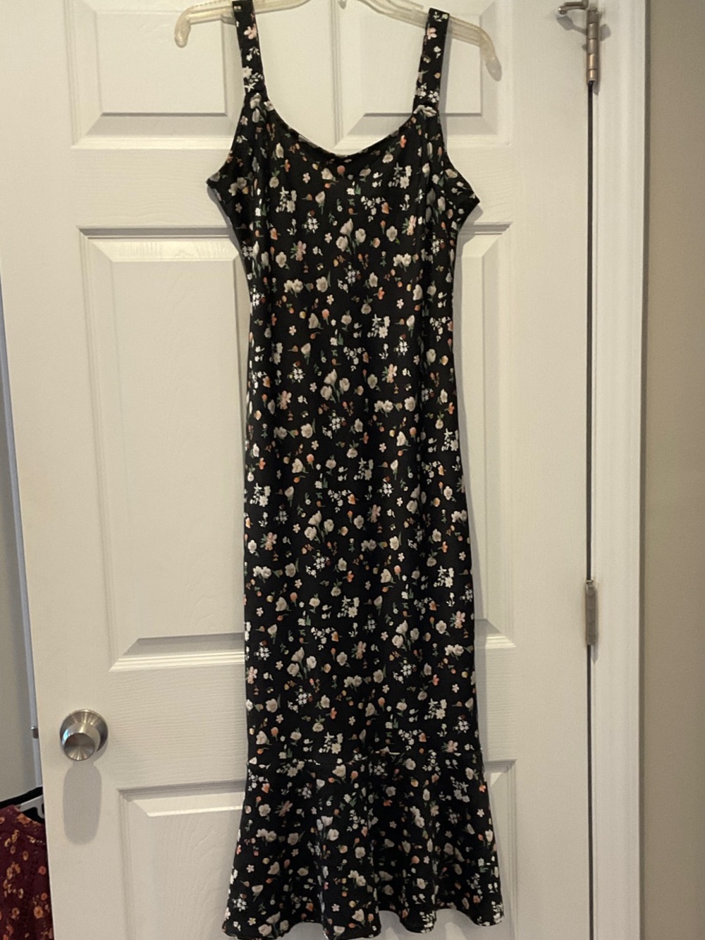 Black Floral Slip Dress with Ruffle Hem